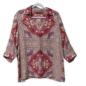 Talbots silk linen blend tunic top size 2X ornate geometric print coverup blouse